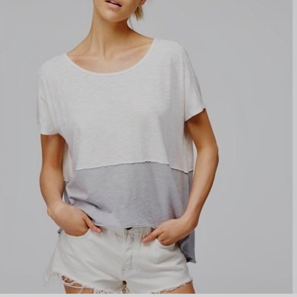 FREE PEOPLE GRAY IVORY MIDNIGHT COLOR-BLOCK HIGH-LOW T SHIRT